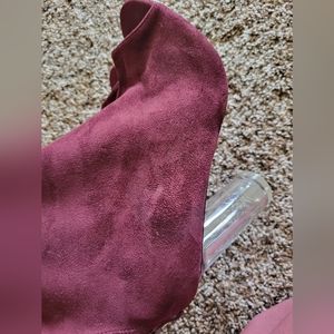 Maroon shoes with clear heels